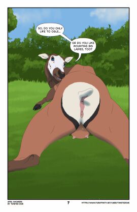 anatomically_correct anatomically_correct_genitalia anatomically_correct_vulva animal_genitalia anus bodily_fluids cascadia_(twistedewe) cervine cervine_genitalia cloven_hooves deer detailed_background elk english_text female feral genital_fluids genitals grass hi_res hooves lying lying_on_ground mammal on_ground plant shrub solo speech_bubble teats text tree twistedewe udders urine url vulva watersports