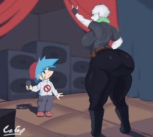 1boy 1girls ass big_ass big_breasts big_butt boyfriend_(friday_night_funkin) breasts crin0art curvy female fnf friday_night_funkin girlfriend_(friday_night_funkin) girlfriend_(mods) glasses green_hair horns male police_uniform size_difference taller_female thick_thighs white_hair white_skin