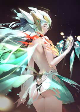 1girls absurdres arm_armor ass back black_panties censored_nipples closed_eyes closed_mouth commentary_request convenient_censoring cowboy_shot female fiery_clothing fire firefly_(honkai:_star_rail) floating_hair from_behind gauntlets green_fire green_skirt helmet henshin highres holding honkai:_star_rail honkai_(series) janload1ng long_hair panties sam_(honkai:_star_rail) single_gauntlet skirt solo topless transparent_wings underwear white_hair