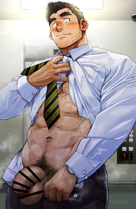 1boy abs balls bara beard_stubble being_filmed being_recorded big_balls big_penis black_eyes black_hair blush blushing_profusely bottomless buttons ceiling ceiling_light censor_bar censored censored_balls censored_penis chest_hair curved_penis daddy dilf elevator embarrassed excessive_pubic_hair exhibitionism flaccid foreskin foreskin_folds forked_eyebrows frown gay hand_on_chest happy_trail hi_res hot huge_cock indoors looking_away male male_only manly mature_male muscles muscular muscular_male navel necktie office_clothing open_clothes original original_character pants_down pecs penis pubic_hair public public_exposure public_indecency public_nudity pulling_clothing retracted_foreskin risky salaryman security_camera short_hair six_pack small_pupils solo spiky_hair standing steam steaming_body steamy_penis suamaru suamaru0808 sweat sweatdrop taking_clothes_off thick_eyebrows thick_penis uncircumcised uncut warm white_shirt wristwatch yaoi