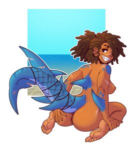 anus ass barefoot breasts brown_hair completely_nude dark-skinned_female dark_skin dreadlocks ear_piercing female from_behind grinning hair_over_one_eye hand_on_own_ass jrlewis looking_at_viewer looking_back_at_viewer moyra_(jrlewis) naked naked_female nude nude_female scar_on_face scars shark_girl shark_tail sideboob sitting smile soles solo tagme tan-skinned_female tan_skin thatweirdguyjosh tied_hair toes wariza