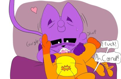 catnap_(poppy_playtime) critters_(poppy_playtime) cum dogday_(poppy_playtime) domestic_cat domestic_dog furry_only lit_yyc male male/male moaning moaning_in_pleasure no_humans oral oral_penetration oral_sex orange_body orange_fur orange_skin penis poppy_playtime poppy_playtime_(chapter_3) purple_body purple_fur purple_skin simple_background simple_shading sitting sitting_on_bed smiling_critters sucking sucking_penis