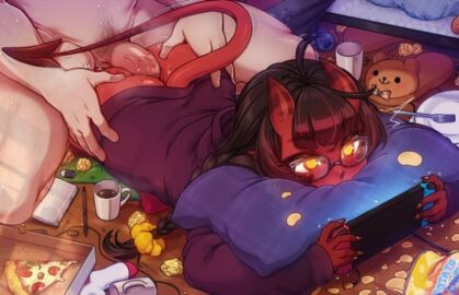 ahoge ass blush book clothed_female_nude_male colored_skin controller demon_girl demon_horns demon_tail doggy_style female fingernails food freckles game_controller gamepad glasses glowing_eyes horns indoors male meru_(merunyaa) merunyaa mole_under_eye multitasking nintendo_switch object_hug on_stomach oni oni_horns orange_eyes panties penis pillow pillow_hug pizza playing_games pointy_ears red_skin sex sex_from_behind short_hair skin-covered_horns straight stuffed_animal stuffed_toy tail teddy_bear underwear