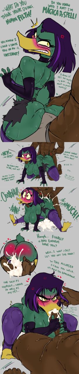 1boy 1girls <3_eyes after_sex anatid angry anseriform anthro ass avian big_ass big_breasts big_butt bird blowjob blush bodily_fluids boner_in_pants breasts bulge clothing cum cum_in_mouth cum_inside cumflation dark-skinned_male dark_skin dialogue disney disney_channel disney_xd doggy_style dominant dominant_male duck ducktales ducktales_(2017) duo ejaculation embarrassed_nude_female erection excessive_cum fakeryway fellatio female from_behind_position fur genital_fluids green_body green_fur hanging_breasts heart hi_res human human_on_anthro humanoid inflation interspecies looking_back magica_de_spell male male/female male_human/female_anthro mammal nipples oral orgasm orgasm_face penetration penile penis pleasure_castle secretly_loves_it service_height sex shortstack size_difference straight text torn_clothes tsundere until_they_like_it yellow_eyes