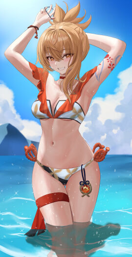 1girls 2024 2d 2d_(artwork) alternate_costume artist_request belly_button bikini bikini_bottom bikini_top blonde_hair breasts clouds day female female_focus female_only front_view genshin_impact high_resolution highres light-skinned_female light_skin looking_at_viewer medium_breasts navel ocean orange_eyes sky slim_female smiling smiling_at_viewer solo solo_female solo_focus standing standing_in_water summer swimsuit tattooed_arm tattoos thong thong_bikini two_piece_swimsuit water wet wet_body yoimiya_(genshin_impact) young younger_female
