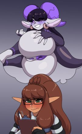 1boy 1girls 2d anus ass asshole big_ass blush brown_hair dheartdoodles dragon_girl dynamo-x earrings elf elf_male fable_ardo_(kc0r3) fat_ass female femboy floofy_hair flustered glasses gloves green_eyes league_of_legends long_hair male mole_under_eye oc original purple_eyes purple_hair purple_horns pussy round_ass round_butt scientist smug_smile spread_ass spread_butt tagme tan_skin teasing thought_bubble yordle