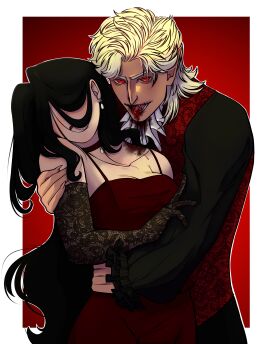 black_hair blood_drip blood_in_mouth blood_splatter blood_stain choker choker_collar dress fancy_clothing female lace lace_trim long_hair male muscles muscular muscular_male pointy_ears red_clothing red_dress red_eyes sylus sylus_(love_and_deep_space) vampire vampire_costume vampire_teeth white_hair