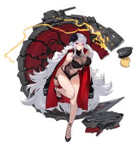 azur_lane bare_legs black_flower black_footwear black_one-piece_swimsuit breasts cg cleavage coat female flower full_body fur_trim game graf_zeppelin_(azur_lane) graf_zeppelin_(beachside_urd)_(azur_lane) grey_hair hair_between_eyes hair_flower hair_ornament hat high_heels iron_blood_(azur_lane) jacket jacket_on_shoulders large_breasts leg_up long_hair looking_at_viewer navel official_alternate_costume official_art one-piece_swimsuit peaked_cap red_eyes see-through simple_background solo standing standing_on_one_leg swimsuit thighs toe_cleavage very_long_hair white_background white_hair