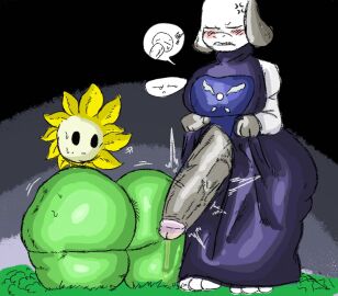 angry anothercat anthro ass big_ass big_breasts big_butt big_penis bodily_fluids bovid breasts butt_from_the_front caprine clothing duo elemental_creature flora_fauna flower flower_creature flowey_the_flower front_view futa_on_male futanari genitals goat grass herm huge_ass huge_butt huge_cock huge_hips huge_thighs imminent_sex incest intersex intersex/male male mammal nervous penis plant revealing_penis robe size_difference standing sweat thick_thighs toriel undertale undertale_(series) wide_hips