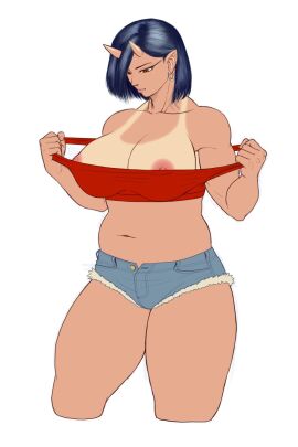 belly big_breasts breasts elf-san_wa_yaserarenai female horns huge_breasts oga oni taikyokuturugi tan_body tan_lines tan_skin tanned_skin