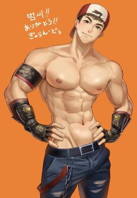 1boy abs armband backwards_baseball_cap bandaid bandaid_on_face baseball_cap belt beom_liben brown_hair fingerless_gloves gloves gyaran_do69 hands_on_hips jeans looking_at_viewer male male_only muscular muscular_arms muscular_male nipples orange_background pants pecs ripped_jeans slight_blush smile smiling_at_viewer smooth_skin solo solo_male standing topless