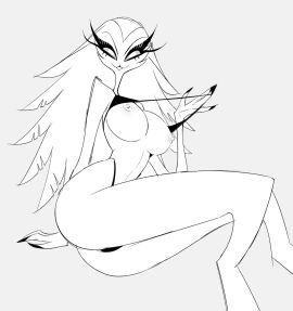 black_and_white female helluva_boss helluva_venti lifting_bikini_top looking_at_viewer nipples stella_(helluva_boss) swimwear