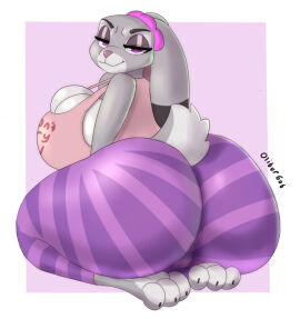 anthro ass bedroom_eyes big_breasts big_butt big_eyes bottomwear breast_squish breasts cleavage cleavage_overflow clothed clothing disney feet female huge_breasts huge_butt judy_hopps kneeling lagomorph legwear leporid long_ears looking_at_viewer mammal narrowed_eyes oliburgob pattern_clothing pattern_legwear presenting presenting_hindquarters rabbit seductive side_boob sitting sitting_on_feet smile smiling_at_viewer solo squish striped_clothing striped_legwear stripes thick_thighs tight_bottomwear tight_clothing tight_topwear topwear wide_hips zootopia zootopia_2
