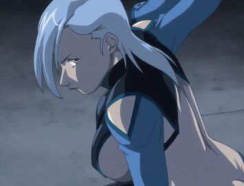 1girls 2007 american animated ass bare_back bible_black bible_black_new_testament black_suit blue_hair breasts crowley's_guards energy female formal_clothes glowing jody's_guards large_breasts lipstick long_hair makeup midriff night no_bra revealing_clothes shin_bible_black suit tagme