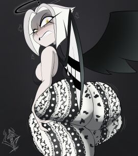 1girls angel ass big_ass bottom_heavy breasts bubble_ass bubble_butt clothing fallen_angel fat_ass female female_only flare_pants forbidden_pants gluteal_fold halo hand_on_ass hand_on_own_ass hazbin_hotel hellaverse huge_ass large_ass looking_at_viewer looking_back lute_(hazbin_hotel) massive_ass png solo thick_ass thick_thighs underground_(artist) white_hair wide_hips wings