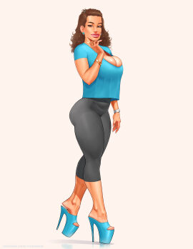 1girls ass breasts brown_eyes brown_hair bubble_ass bubble_butt cleavage clothed clothing coxville_stories earrings female female_only fully_clothed helen_dupree high_heels large_breasts milf mother necklace nice_ass nipples_visible_through_clothing platform_heels solo temogam thick_thighs yoga_pants