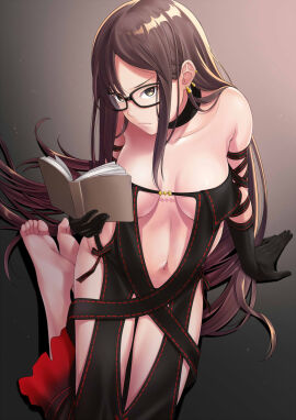 arm_gloves arm_support barefoot black-framed_eyewear black_arm_gloves black_choker black_dress black_gloves black_outfit book breasts breasts_apart brown-eyed_female brown-haired_female brown_eyebrows brown_eyes brown_hair busty busty_female choker cleavage collarbone dark_background dress ear_piercing earrings fate/grand_order fate_(series) feet female frown frown_eyebrows frowning frowning_at_viewer glasses glasses_on_face glasses_on_head gloves gradient_background grey_background hand_on_floor hand_on_ground head_tilt holding jewelry lean_body lean_figure legs legs_together long_hair looking_up looking_up_at_viewer medium_breasts navel open_book outfit revealing_clothes sitting slender_body slender_waist slim_female slim_waist soles solo strapless strapless_dress tawagoto_dukai_no_deshi thighs thin_waist tilted_head toes very_long_hair yu_mei-ren_(fate) yu_mei-ren_(second_ascension)_(fate) zaregoto_tsukai_no_deshi