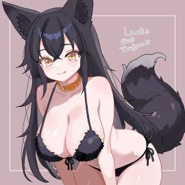 1girls absurdres animal_ears bare_arms bare_shoulders bent_over bikini black_bikini black_hair breasts character_request cleavage closed_mouth collar commentary_request commission female front-tie_bikini_top front-tie_top fur_bikini halterneck highres large_breasts long_hair looking_at_viewer mole mole_under_eye n_54 navel oerba_yun_fang orange_collar original side-tie_bikini_bottom skeb_commission smile solo string_bikini swimsuit tail very_long_hair wolf_ears wolf_tail yellow_eyes