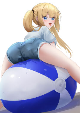 1girls absurdres ass ball_(object) beach_ball blonde_hair blue_eyes clothed_masturbation female female_masturbation grinding highres long_hair looking_at_viewer masturbation masturbation_through_clothing open_mouth original petite pussy pussy_juice pussy_juice_drip_through_clothes pussy_juice_stain shorts simple_background sitting sitting_on_ball sitting_on_beach_ball twintails