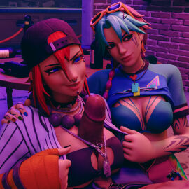 1boy 2girls 3d big_breasts big_penis breasts dark-skinned_male dark_skin dusty_(fortnite) female fortnite light-skinned_female light_skin macklesternsfw male paizuri penis pink_hair red_hair selene_(fortnite) shirt_lift titfuck titjob