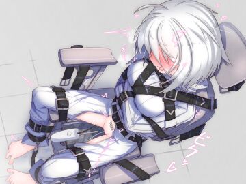 arms_under_breasts barcode barcode_tattoo barefoot belt belt_buckle bondage bound bound_arms bound_legs breasts buckle chair female female_urethral_insertion highres looking_down medium_breasts menou_74 original pussy restrained sex_machine short_hair sounding stationary_restraints straitjacket tattoo translation_request urethral_insertion vaginal_urethral_insertion variant_set white_hair