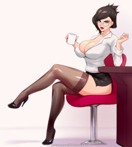 1girls big_breasts black_hair black_skirt black_thighhighs blue_eyes breasts chair cleavage coffee_mug denisse_(aster_crowley) eyewear female female_only footwear glasses hair heels hi_res high_heels holding_object huge_breasts legs_crossed legwear lips lipstick mature mature_female mole mole_under_mouth nofuture office_lady original original_character pencil_skirt red_lips red_lipstick revealing_clothes shirt sitting skirt solo solo_female stockings thick_lips thick_thighs thighhighs thighs white_shirt