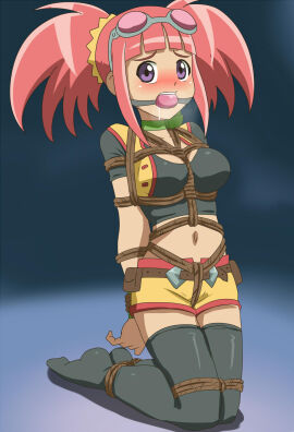 1girls ball_gag balls bangs blush bondage breasts dinosaur_king female goggles goggles_on_head legwear male medium_breasts pink_hair purple_eyes rope rope_between_breasts rope_bondage tagme thick_thighs thighhighs thighs twintails zoe_drake