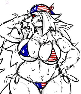 1girls 4th_of_july american_flag_bandana american_flag_bikini anthro anthro_female anthro_only ass bandana big_ass big_breasts bikini black_nails breasts chubby chubby_female female female_focus female_only finger_in_ear front_view ghastlybum hair_over_one_eye hand_on_hip jack_(ghastlybum) red_sclera sharp_teeth tagme wet wet_body white_eyes