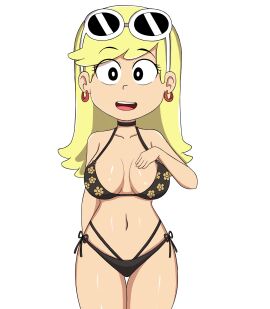 absurd_res aged_up belly belly_button bikini blauh_o breasts cleavage clothed clothing cosplay earrings female female_focus female_only glasses glasses_on_head hi_res kitagawa_marin_(cosplay) leni_loud long_hair looking_at_viewer nickelodeon open_mouth simple_background smile solo solo_female solo_focus sono_bisque_doll_wa_koi_wo_suru sunglasses sunglasses_on_head teeth the_loud_house tongue white_background