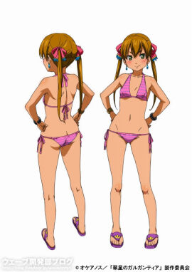 1girls 2010s 2013 ass_cleavage bare_arms bare_back bare_legs bare_midriff bare_shoulders bare_thighs belly_button bikini bikini_bottom bikini_top blonde_hair blue_ears blush blush_lines blushing_at_viewer bracelet breasts cute earrings emerald_eyes eyelashes female female_only highlights highlights_(coloring) long_hair melty_(suisei_no_gargantia) metal_bracelet midriff model_sheet navel pink_bikini pink_bikini_bottom pink_bikini_top pink_ribbon purple_sandals ribbon ribbon_in_hair ribbons sandals small_boobs small_breasts small_butt smile smile_at_viewer smiling_at_viewer striped_bikini striped_bikini_bottom striped_bikini_top suisei_no_gargantia tan-skinned_female tan_body tan_skin text thick_thighs tight_bikini tight_clothing tight_fit toes_out twintails white_background