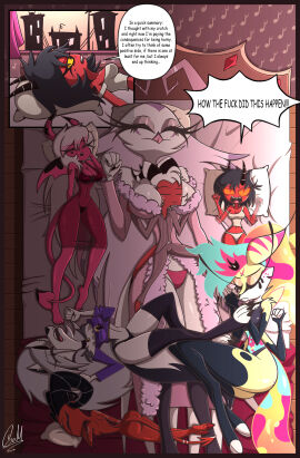 barbie_wire comic comic_page english_text female gatojack3 harem helluva_boss laying_on_bed loona_(helluva_boss) male millie_(helluva_boss) moxxie_(helluva_boss) multiple_females multiple_girls queen_bee-lzebub_(helluva_boss) sleeping stella_(helluva_boss)