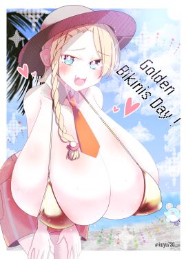 1girls aqua_eyes bent_forward big_breasts blonde_hair blush blush_lines breast_focus breast_squish breasts busty character_request creatures_(company) detached_collar female front_heavy_breasts gamefreak hat headwear heavy_breasts huge_breasts hyper_breasts kuuyu large_breasts long_breasts massive_breasts naranja_academy_school_uniform necktie nintendo orange_necktie original original_character original_character_(pokemon) pokemon postcard shortstack skin_fang solo top_heavy wavy_mouth