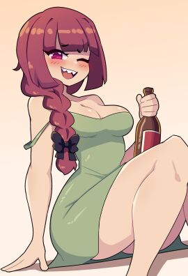 1girls alcohol blush bocchi_the_rock! bottle braid cleavage dress drunk female female_only hair_ribbon hi_res hiroi_kikuri j5daigada long_hair looking_at_viewer non-nude pink_eyes red_hair revealing_clothes sharp_teeth sitting smiling smiling_at_viewer solo wink winking_at_viewer