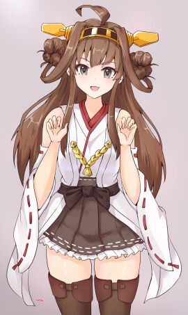 1girls ahoge bare_shoulders black_skirt black_thighhighs brown_hair cat_pose detached_sleeves double_bun female golden_ribbon grey_eyes hair_bun hairbun hairbuns headgear headwear japanese_clothes japanese_clothing kantai_collection kimono kongou_(kantai_collection) long_hair looking_at_viewer miko_outfit nontraditional_miko pleated_skirt ribbon-trimmed_sleeves ribbon_trim simple_background smiling smiling_at_viewer solo solo_female solo_focus thighhighs thighs white_sleeves wide_sleeves