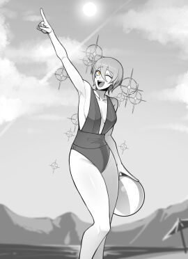 1girls beach breasts don_quixote_(limbus_company) female female_only limbus_company medium_breasts monochrome project_moon short_hair slim standing swimsuit