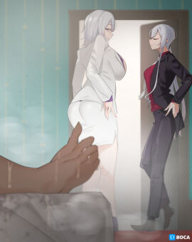1boy 2girls after_sex ak-12_(girls'_frontline) artist_name ass barefoot bed black_jacket bob_cut boca breasts closed_eyes dark-skinned_male dark_skin door female girls'_frontline hi_res huge_breasts large_breasts looking_back lying male medium_hair necktie pencil_skirt purple_eyes purple_shirt red_shirt rpk-16_(girls'_frontline) rpk-16_(renate)_(girls'_frontline) silver_hair skirt smile straight unbuttoned very_long_hair white_jacket white_skirt