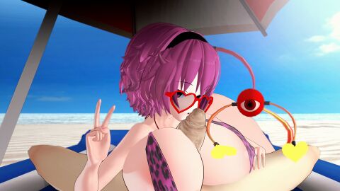 1boy 1girls 3d absurd_res applesoda areola_slip beach bikini breasts female hairband huge_breasts huge_cock koikatsu komeiji_satori looking_at_viewer male male_pov paizuri peace_sign penis pink_eyes pink_hair satori_komeiji sunglasses third_eye_(touhou) touhou voluptuous
