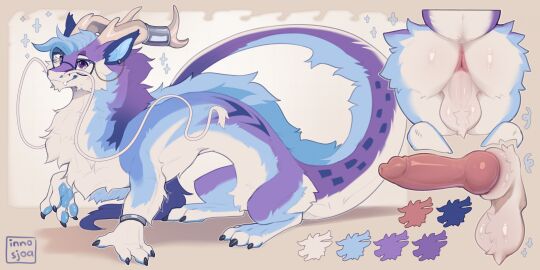 animal_genitalia antlers anus ass black_claws black_markings blue_body blue_fur blue_mane claws dragon eastern_dragon erection eyewear feral fur gay gay_anal gay_male gay_sex genitals glasses hi_res homosexual homosexual_male horn inno-sjoa knot male male/male male_penetrated mane markings mythological_creature mythological_scalie mythology penis perineum pink_anus pink_knot pink_penis purple_body purple_eyes purple_fur scalie sheath solo solo_male white_antlers white_body white_fur