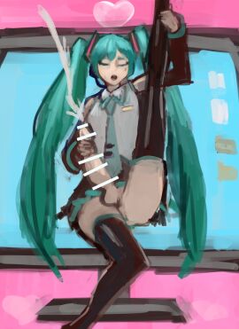 1futa balls big_penis blue_hair censored closed_eyes computer_monitor cum detached_sleeves ejaculation futa_masturbation futa_only futanari hatsune_miku headset intersex kmaro leg_up long_hair masturbation penis shirt skirt sweat thighhighs twintails vocaloid