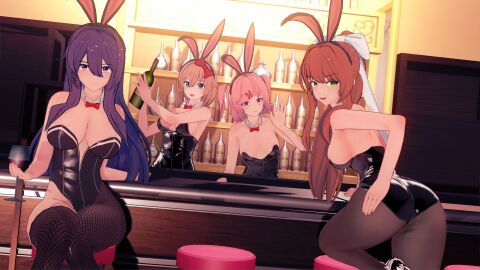 3d 4girls alcohol bunny_ears bunny_girl bunnysuit doki_doki_literature_club female female_focus female_only human human_only koikatsu light-skinned_female light_skin looking_at_viewer mashirosolera monika_(doki_doki_literature_club) natsuki_(doki_doki_literature_club) sayori_(doki_doki_literature_club) waitress wine wine_bottle wine_glass yuri_(doki_doki_literature_club)