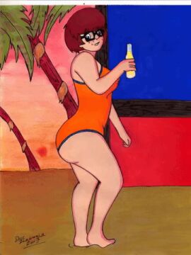 ai_animation ai_generated ass_focus bbw beach beer breasts brown_hair doc_icenogle glasses sand scooby-doo small_breasts swimsuit velma_dinkley wiggle_wigglebottom