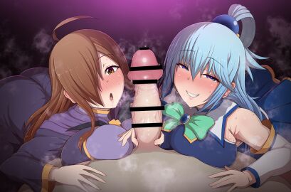 1boy 2girls aqua_(konosuba) blue_eyes blue_hair blush breasts brown_eyes brown_hair censor_bar censored cleavage cowgirl_position female goddess hair_between_eyes hair_over_one_eye handjob huge_breasts kono_subarashii_sekai_ni_shukufuku_wo! large_breasts large_glans long_hair long_sleeves lustful_gaze male male_pov milf miniskirt moaning multiple_females multiple_girls penis ponpo ponytail sleeves_past_elbows steam white_sleeves wiz_(konosuba)