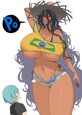 1boy 1girls big_breasts brazilian brazilian_hasshaku brazilian_miku_(cosplay) breasts cleavage cosplay dark-skinned_female dark_skin eye_contact female hair_between_eyes hasshaku-sama hat highres huge_breasts japanese_mythology kloah large_breasts looking_at_another male monster_girl mythology nightmare_waifu public_domain size_difference straw_hat tall_female tan thick_thighs thighs underboob urban_legend white_background wide-eyed yokai