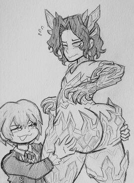 angela_(library_of_ruina) angela_(lobotomy_corporation) ass ass_crack ass_focus breasts butt_crack crystal fauxtellno1_(artist) female femboy femboysub gem grabbing_own_breast huge_ass library_of_ruina male male/female male_focus project_moon roland roland_(library_of_ruina) sharp_claws smug smug_face tagme tagme_(character)