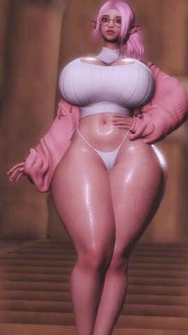 1girls big_ass clothed clothing curvy elezen final_fantasy final_fantasy_xiv gigantic_breasts glasses gpose_(ffxiv) light-skinned_female light_skin pink_hair solo solo_female solo_focus thick_thighs wide_hips