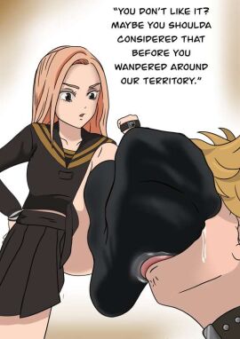 2d blonde_hair delinquent english_text feet feet_on_face female foot_fetish gangster male male/female orange_hair sailor_uniform school_uniform schoolgirl takemichi_hanagaki tokyo_revengers yuzuha_shiba