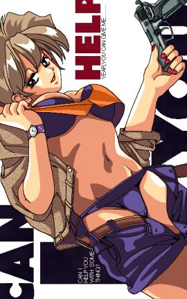 1girls 90s active_(company) big_breasts bikini blonde_hair blue_eyes breasts busty cameltoe clothes_lift female gun hanafuda_de_pon highres jacket large_breasts legs lifted_by_self looking_at_viewer navel open_clothes open_jacket open_mouth pc98 pussy seductive seductive_look seductive_smile shirt_lift short_hair shorts smile solo swimsuit thighs unbuttoned undressing unzipped weapon