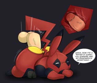 absurd_res ambiguous_gender ambiguous_human anal anal_sex anthro ass crossed_arms deadpool dialogue disembodied_penis duo generation_1_pokemon genitals hi_res human internal internal_anal interspecies lying male male/male mammal marvel marvel_comics nintendo on_front onomatopoeia panel_skew penetration penis pikachu pikapool pokemon pokemon_(species) pokephilia semi-anthro sound_effects tepigfan101 text