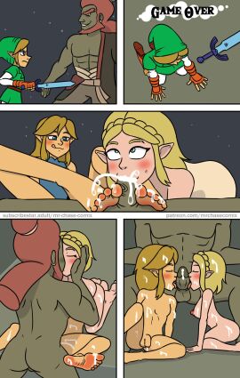 bad_end blonde_hair bodily_fluids both_sexes_in_same_situation cum cum_in_mouth cum_inside dark_skin ejaculation feet female foot_fetish foot_play footjob game_over ganondorf ganondorf_(tears_of_the_kingdom) gay genital_fluids genitals gerudo hair hi_res humanoid_pointy_ears hylian kissing licking link male male/female male/male melee_weapon mrchasecomix nintendo oral penile penis penis_lick princess_zelda sex sword tears_of_the_kingdom the_legend_of_zelda tongue tongue_out weapon yaoi zelda_(tears_of_the_kingdom)