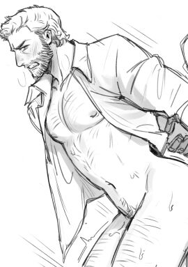 2boys ass bara beard bent_over chest_hair clenched_teeth commentary_request cuntboy cuntboy_with_male donald_pierce dreaming_oor facial_hair full_beard highres holding_another's_arm intersex large_pectorals leg_hair logan_(movie) male male_focus male_only marvel marvel_comics mechanical_arms monochrome multiple_boys multiple_males muscular muscular_male naked_shirt navel nipples old old_male out_of_frame pectorals sex sex_from_behind shirt short_hair simple_background single_mechanical_arm solo_focus standing sweat sweatdrop tears teeth thighs wolverine_(x-men) x-men x-men_film_series yaoi